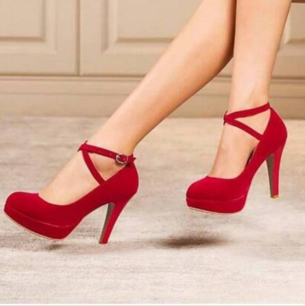 Ribongz NEW!! Red Vegan Suede, Platform, Ankle Strap Stiletto Heels. WMS 7M